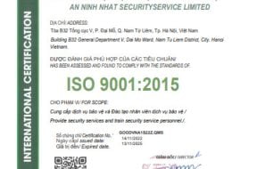 Công ty TNHH Dịch vụ bảo vệ An Ninh Nhất Tự Hào Là Đơn Vị Cung Dịch Vụ Bảo Vệ Và Đào Tạo Nhân Viên Dịch Vụ Bảo Vệ Đạt Chuẩn ISO 9001:2015.
