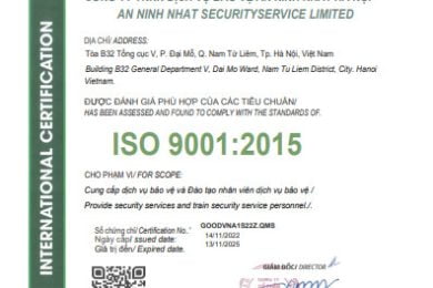Công ty TNHH Dịch vụ bảo vệ An Ninh Nhất Tự Hào Là Đơn Vị Cung Dịch Vụ Bảo Vệ Và Đào Tạo Nhân Viên Dịch Vụ Bảo Vệ Đạt Chuẩn ISO 9001:2015.