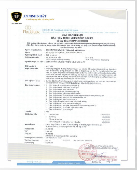 Bảo hiểm vật chất Công ty bảo vệ  An Ninh Nhất Hà Nội